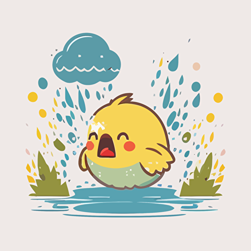 scared baby yellow chick being blown in the sky above a river, white background, flat color vector art