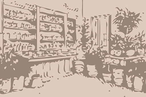 simple vector sketch of an old apothecary pharmacy with plants in pots