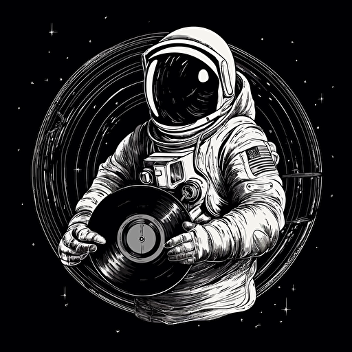 an astronaut holding a vinyl, 2d vector on black background