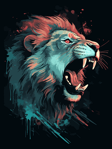 vector art of a lion roaring, red, white and turquoise lighting, 300 dpi,