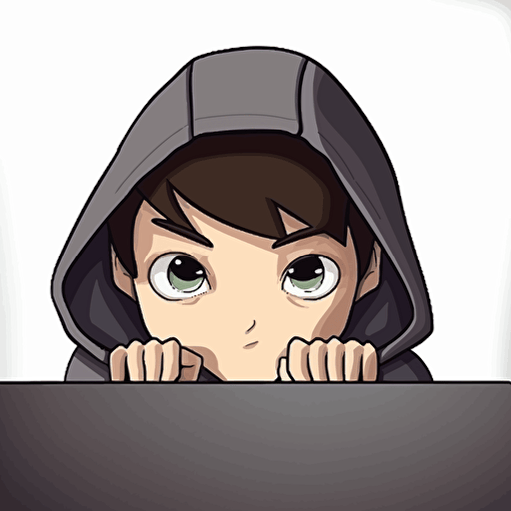 a young hacker boy peeking over a fance. he's wearing a hoodie. cute, cartoonish, vector, manga.