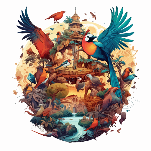 round up design with digital illustration of birds of paradise, magic world inspired by Studio Ghibli, vector illustration, intricate details, unreal engine, extremely high detailing, sharp, white background