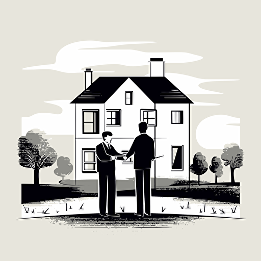 Simple illustration, real estate purchase, deal, math, house, two persons, black and white illustration, pure color background, vector, illustrator,