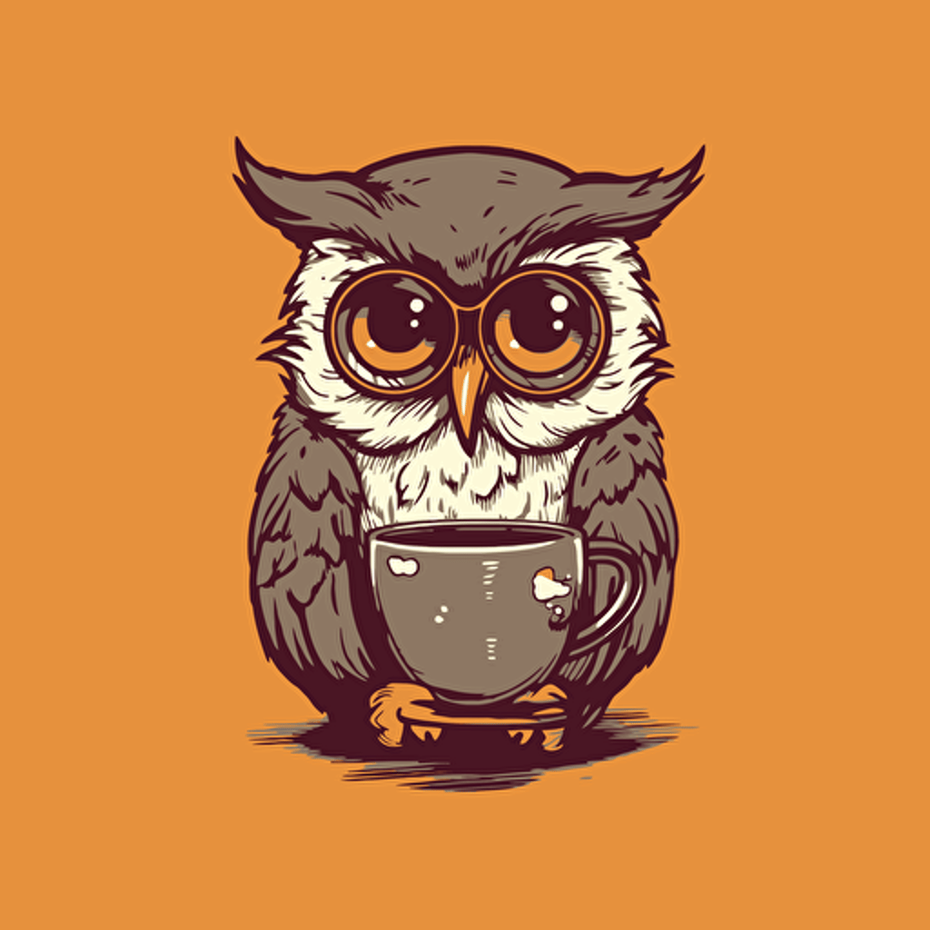 Funny Owl wearing glasses and drinking tea, illustration style, Minimalistic, illustration, vector, Sticker style