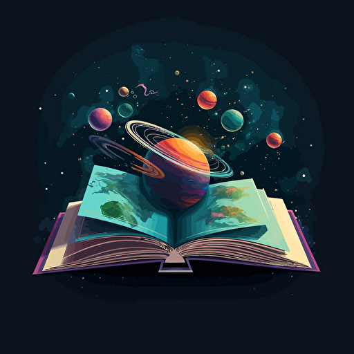 an open book with a small universe coming out of the pages, vector, art