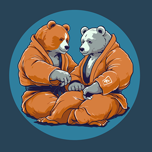 Two Bears jiu jitsu on the ground, vector animation illustration, 4 colors limit, solid background, high resolution