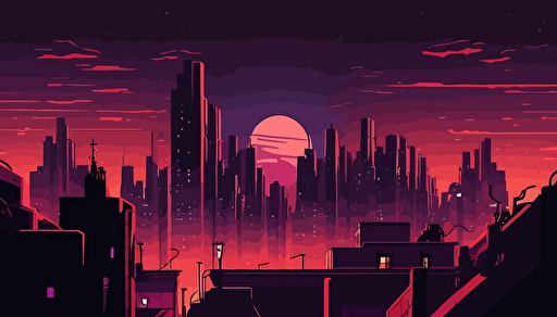 city skyline, close up view, on top of city rooftops, animated video background , 2d comic style art, wide roof tops in the foreground close to each other in distance, vector, red and purple hue night sky,