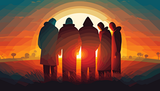 vector art, softly colored modern day people, small group, warmly huddled together praying with heads bowed and holding each other's hands. facing the horizon. A bright sunrise background. Make the angle wide angle with some depth of field