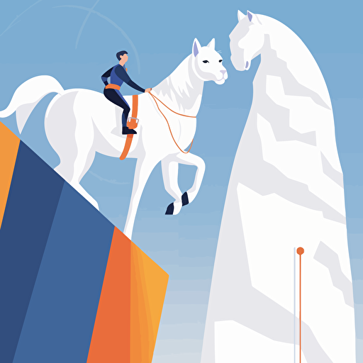 An illustration of a cat that American Shorthair with orange stripes on a white background and a horse that sky-blue furred with white skin climbing in artificial climbing wall, bright sunny day, cheering crowd below, Vector illustration with a clean, modern style, created using Adobe Illustrator, 1:1 ratio,