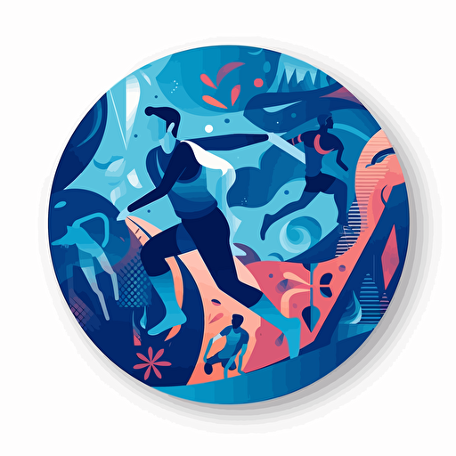bookmark, illustration, ultimate frisbee, frisbee players, for sticker, blue tones , vectorized illustration, collage, geometric shapes and curves