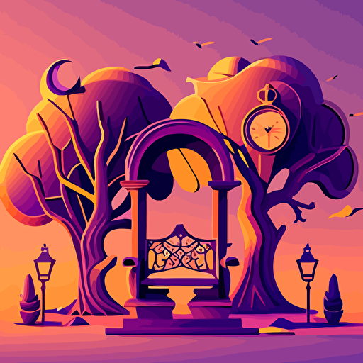 Inspired by Salvador Dalí's surrealism, create a vector illustration of a dreamy city park, where trees have melting clocks as leaves and anthropomorphic benches are having a conversation. Set the scene during a sunset with a purple and orange sky.