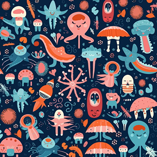 flat pattern featuring sea animals wearing beachwear in a cartoonish style, fun, playful, design should include octopus, sharks, fish, starfish, and stingrays, color scheme should be pastel and soft, whimsical and dreamy feel, vector, illustration