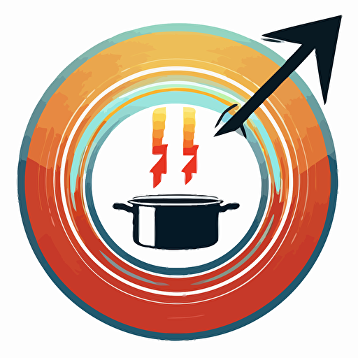 a logo of a saucepan, surrounded by a round arrow, on an induction symbol, with heat wave above, simple, vector