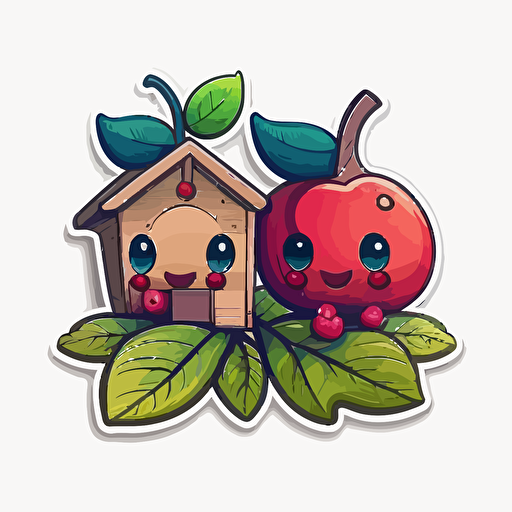 two cranberry fruit smiling, merging into a wooden house, house roof is flat with leaves at the top, Sticker, Adorable, Cool Colors, Pixar, Contour, Vector, White Background