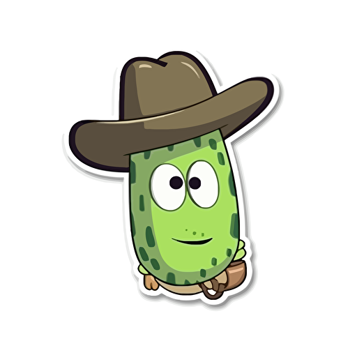 sticker design, super cute pixar pickle wearing a cowboy hat, white background, vector