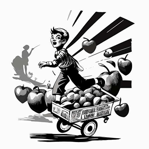 black and white vector illustration of boy flying over apple vendor's cart
