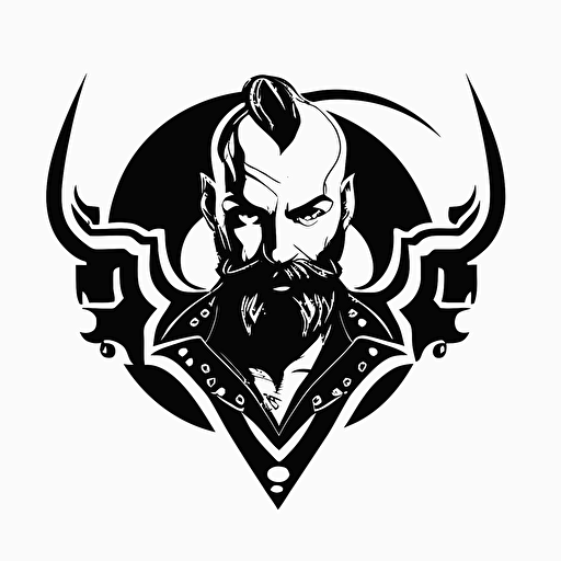 Retro futuristic iconic logo of viking corporate exorcist, big mustache, no hair, bald, black vector, on white background