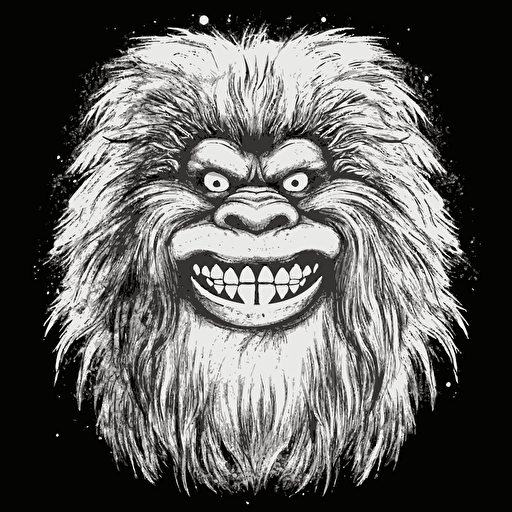 smiling Yeti face, black and white, vector draw, sketch