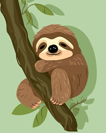 vector illustration sad and cute of a sloth hanging from a tree branch, cartoon style