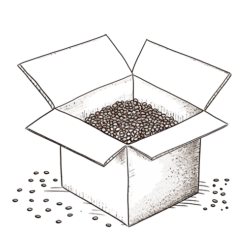 Open cardboard box with coffee beans inside, black ink, white background, line drawing, vector, simple, minimalist