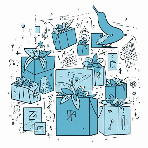 vector doodle minimalist, thinking computer ai, within background contains giftboxes and blue birds