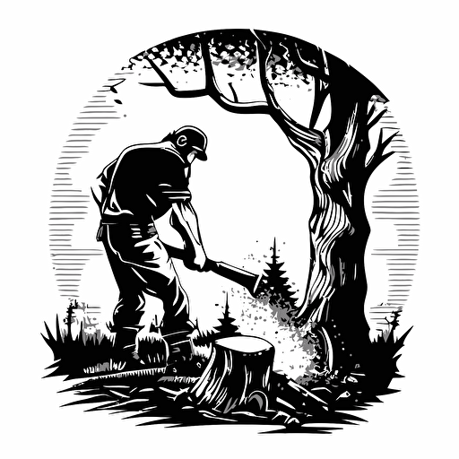 lumberjack chopping a tree in half, vector illustration, black and white