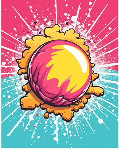 Create a digital art piece that showcases a bubble gum pop and explosion. The artwork should capture the dynamic motion of the bubble gum bursting, with splatters of vivid colors spreading outwards, giving it a playful and energetic vibe. Retro aesthetics, vector image, sticker design. Incorporate the following Pantone color scheme to give it a vibrant and eye-catching look: 12-1706 TCX, 12-0824 TCX, 15-0146 TCX, 15-1164 TCX, 16-6340 TCX, 17-4247 TCX, 18-2043 TCX, 19-6026 TCX.