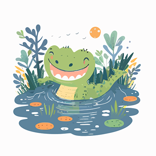 happy baby alligator swimming in a river, flat color vector art