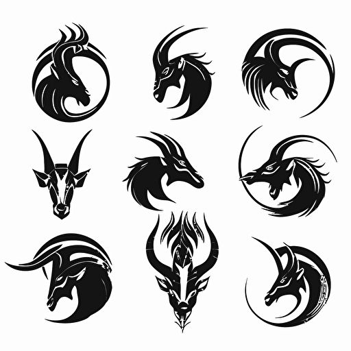 set of black capricorn logos, black ink vectors, white background