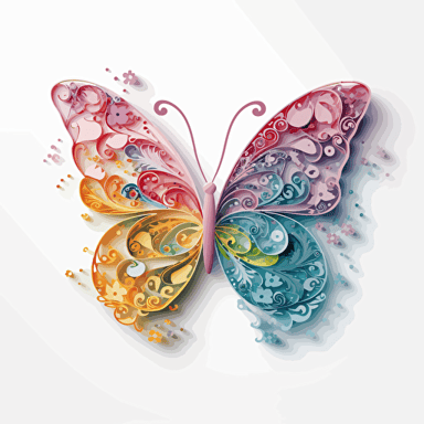 rainbow pastel tones butterfly, white background, vector paper cut illustration style, high resolution, high quality, aesthetic, high decorated with flowers, fancy, magnificent