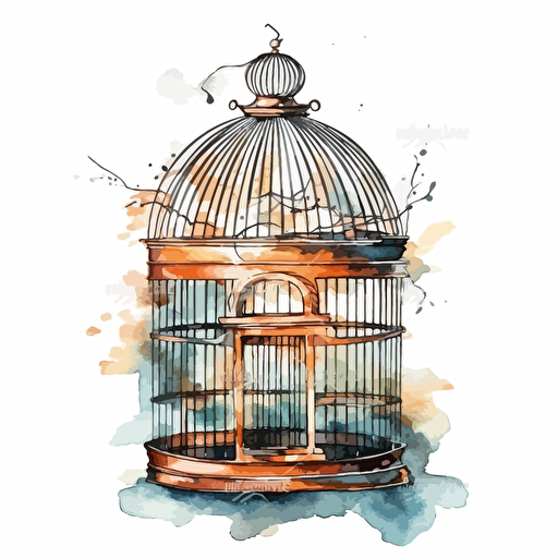 retro copper birdcage, detailed, cartoon style, 2d watercolor clipart vector, creative and imaginative, hd, white background