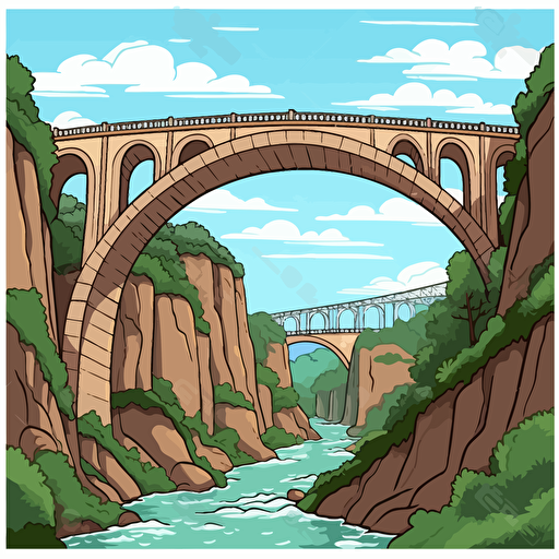 draw cartoon vector style on white background a bridge with high arches over a deep valley without scenery from top right side perspective