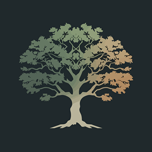 five color logo of an oak tree, side by side, it has to be asymmetric, simple, elegant, green color palette, on a dark gray #444654 background, design is vector style,