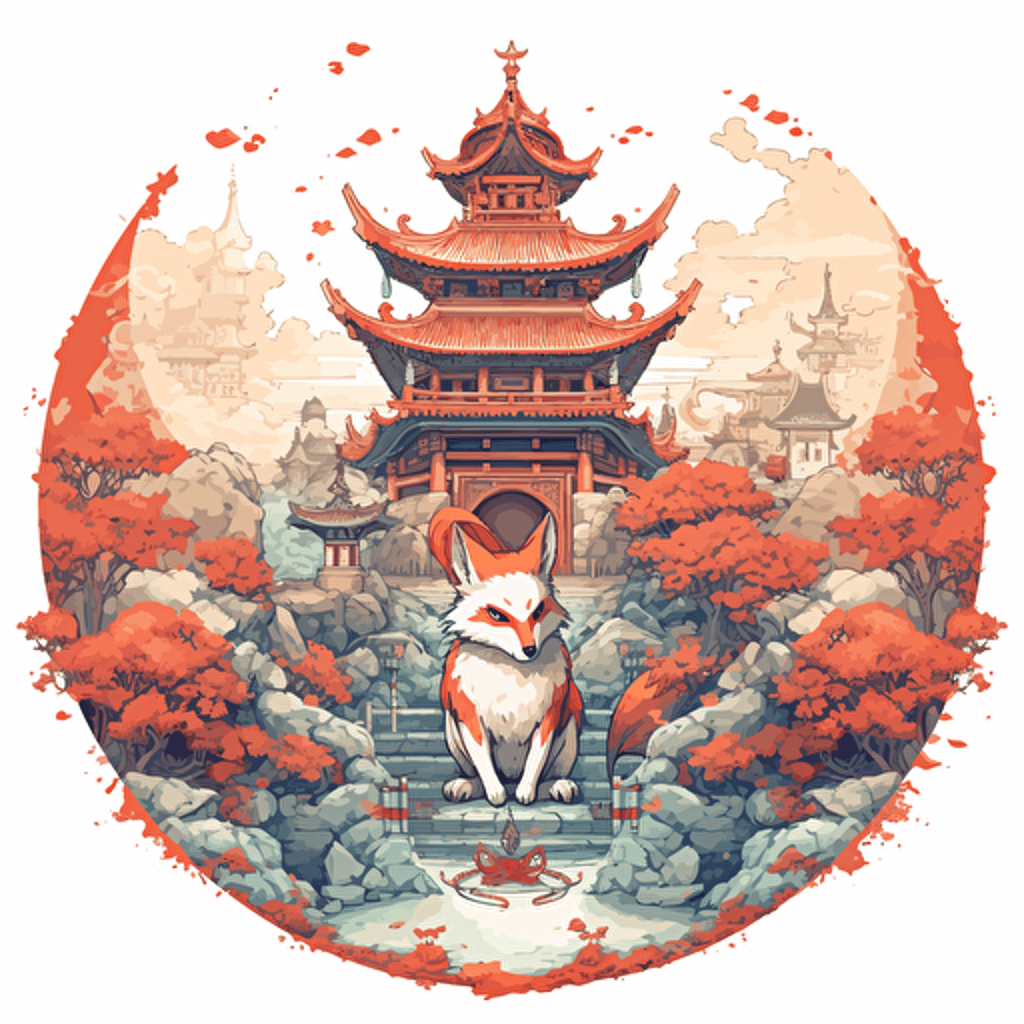 round up design with digital illustration of japanese shrine with kitsune, magic world inspired by Studio Ghibli, vector illustration, intricate details, unreal engine, extremely high detailing, sharp, white background