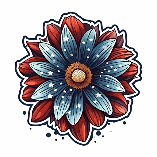 close up vector illustration for a sticker, of the head of a flower, no stem. its petals are colored in the stars and stripes of the american flag. on white background