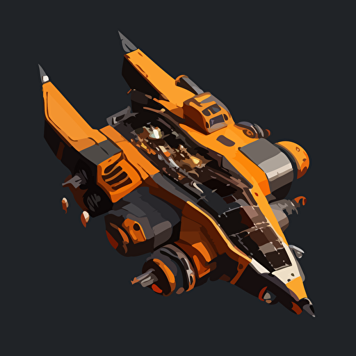 futuristic space ship, top down, isometric, orange and grey, black background, minimalistic, vector