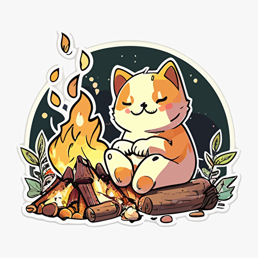 sticker, smiling cat sitting next to a campfire, liu yi artist style, vector, contour, white background