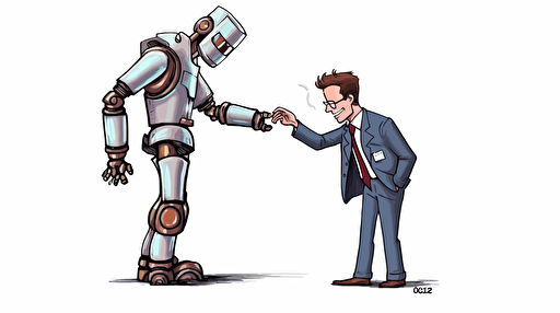 cute robot and middle aged man doing a high-five, Sticker, Adorable, Tertiary Color, Pixar, Contour, Vector, White Background, Detailed::