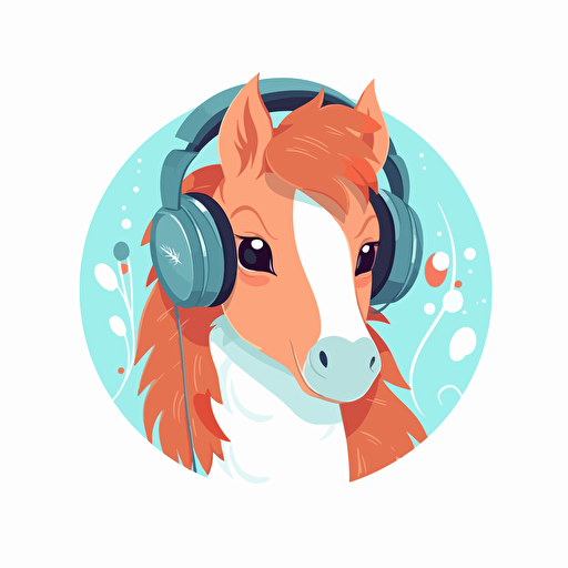 cute happy horse in a headphones, flat simple vector illustration, transparent background