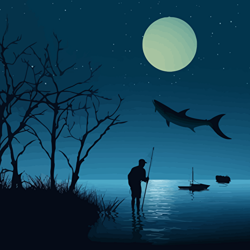 a sillhouette of a large fishin the ocean at night, moonlight in the background, minimalist design, vector