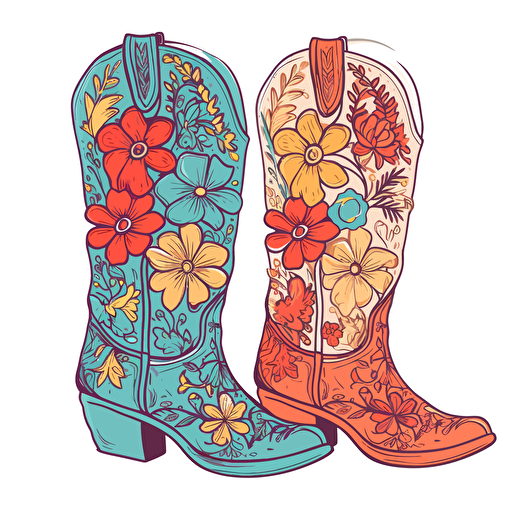 adorable brightly colored pair of cowboy boots with floral design on a white background + doodle style + white background + simple vector + bright colors