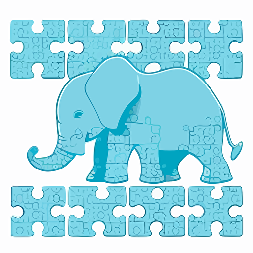Create simple and elegant vector logo 2D baby elephant in aquamarine blue color, divided inside the outline into puzzle tiles, leaving one tile outside the elephant