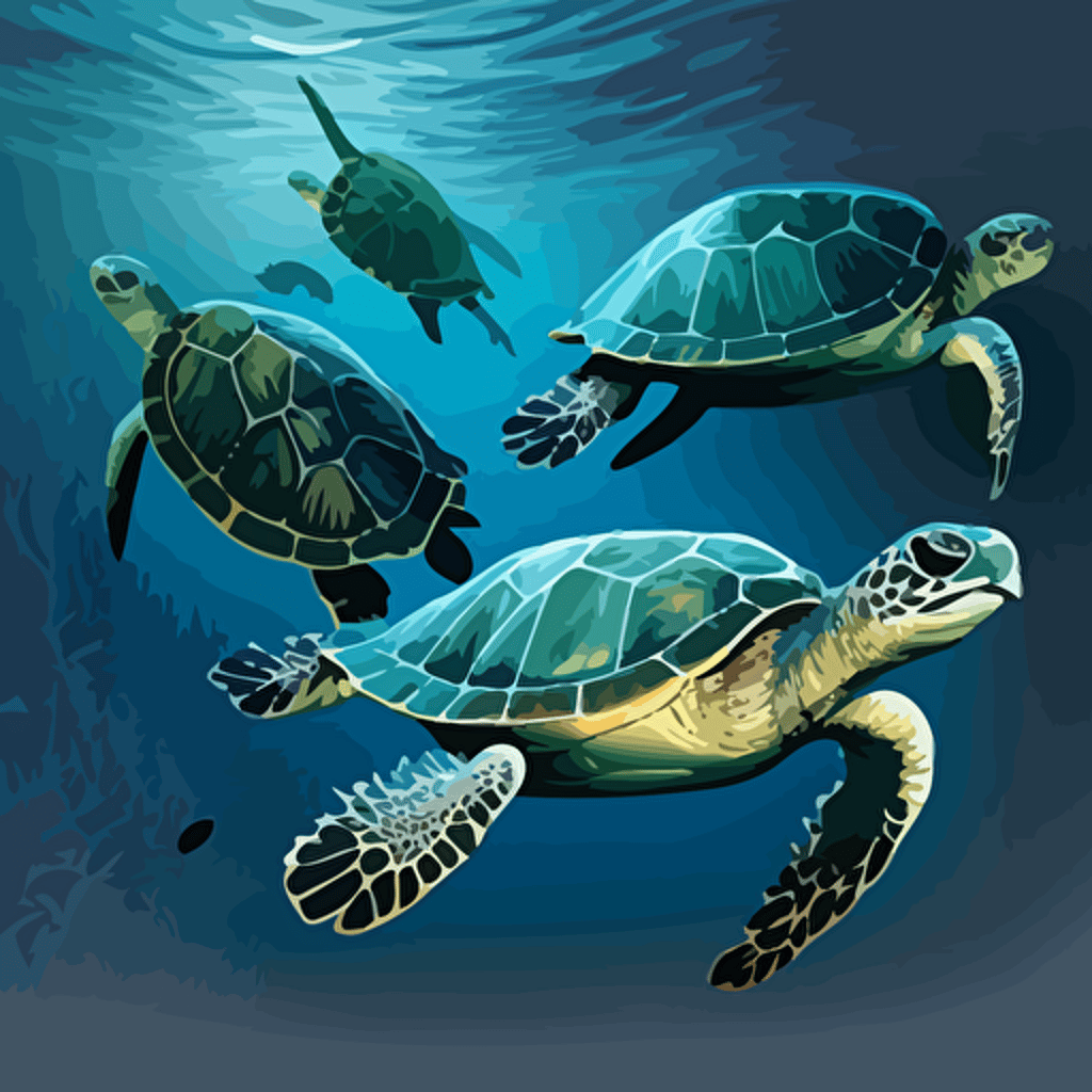 4 sea turtles, vector art, underwater scene. 3 of the turtles following one larger one.