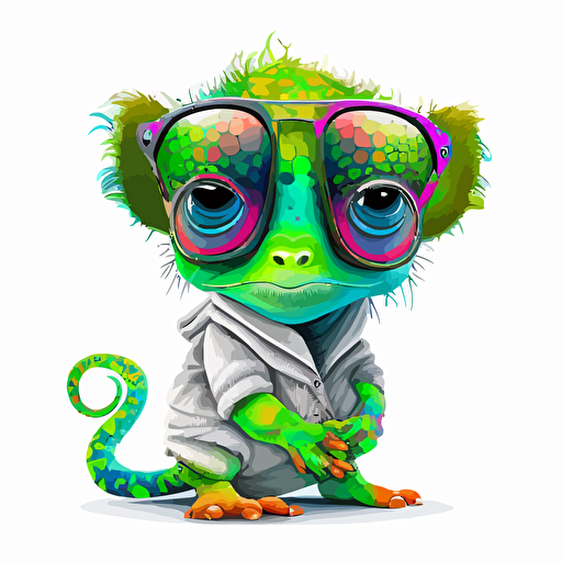 a very cute baby chameleon dressed as a Albert Einstein , wearing very big sunglasses ,vector, cartoon, graffiti neon colors, white background