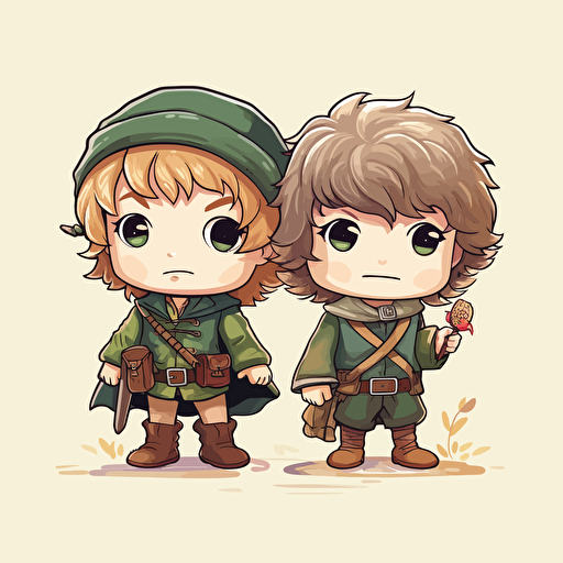 Vector image of a chibi style Merry and Pippin, from The Lord Of The Rings, cute and adorable. They are barefeet and they are NOT wearing boots or socks.