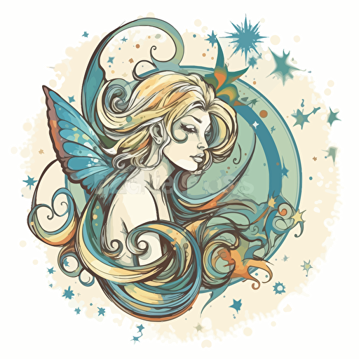 a beautiful fairy with a surrounding star design in detailed drawing style + simple vector + bright colors on a white background