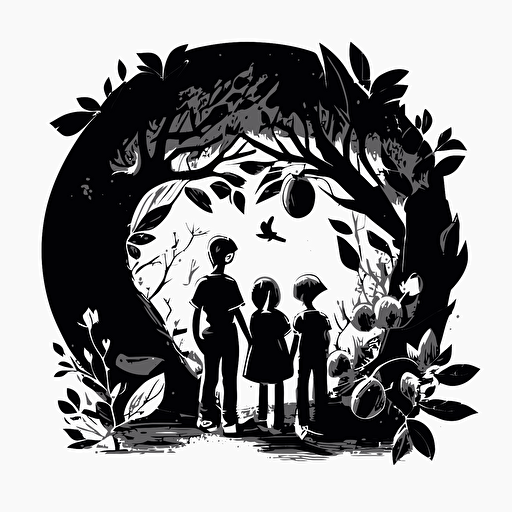 two boys and one girl emerging from the forest looking at another boy near a tree. Black and White vector illustration. Cheerful image with magical fruit around