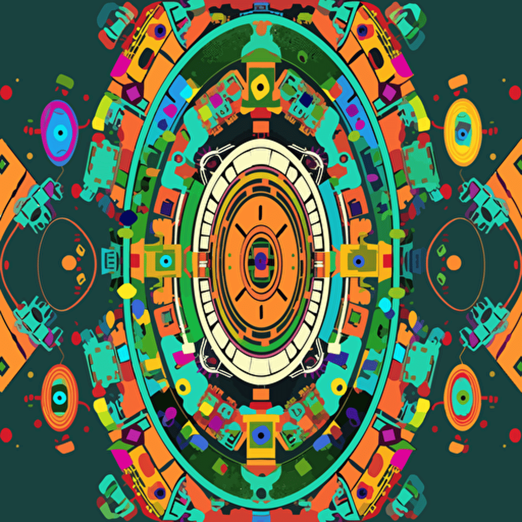 Use vector tools to create a mandala-inspired design around the robots, using repeating patterns and intricate, symmetrical shapes to create a sense of balance and harmony. Show kids around it playing holi with colors