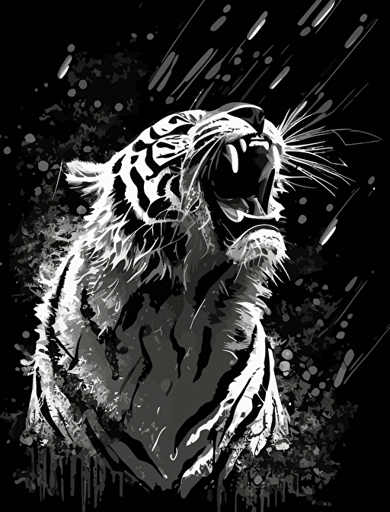 roaring tiger, abstract art illustration, white bamboo on black background, vector art