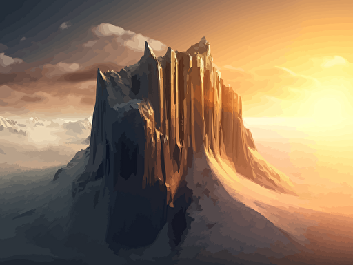 a mountain shaped like an enormous skyscraper, full of vegetation and snow at the top with barren sections of rock with the sun setting dynamic shadows vector imagery